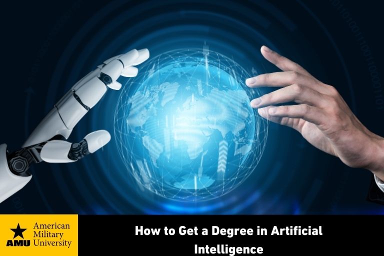 how-to-get-a-degree-in-artificial-intelligence artificial intelligence depicted by robot hand and human hand touching digital globe