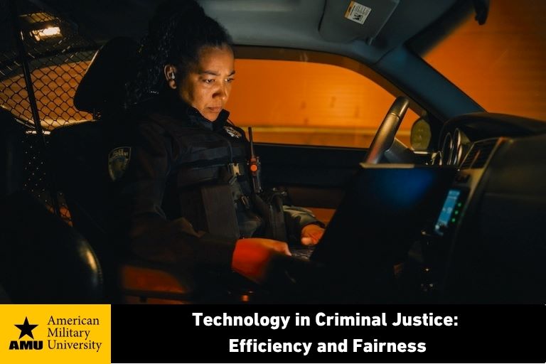 female officer sitting in police cruiser looking at laptop